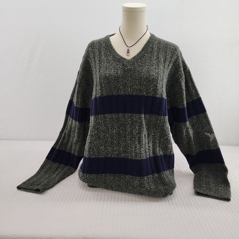 Vintage 90's Structure Mens V-Neck Sweater Striped Olive Green Blue Pullover xl